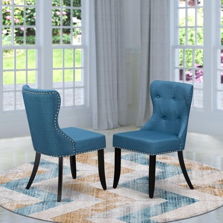 EAST WEST FURNITURE East West Furniture SIP1T21 Sion Dinner Chairs Includes Black Wood Structure with Blue Linen Fabric Seat with Nail Head & Button Tufted Back - Set of 2 SIP1T21